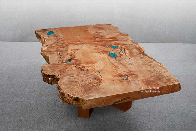 burl coffee table showing figured slab